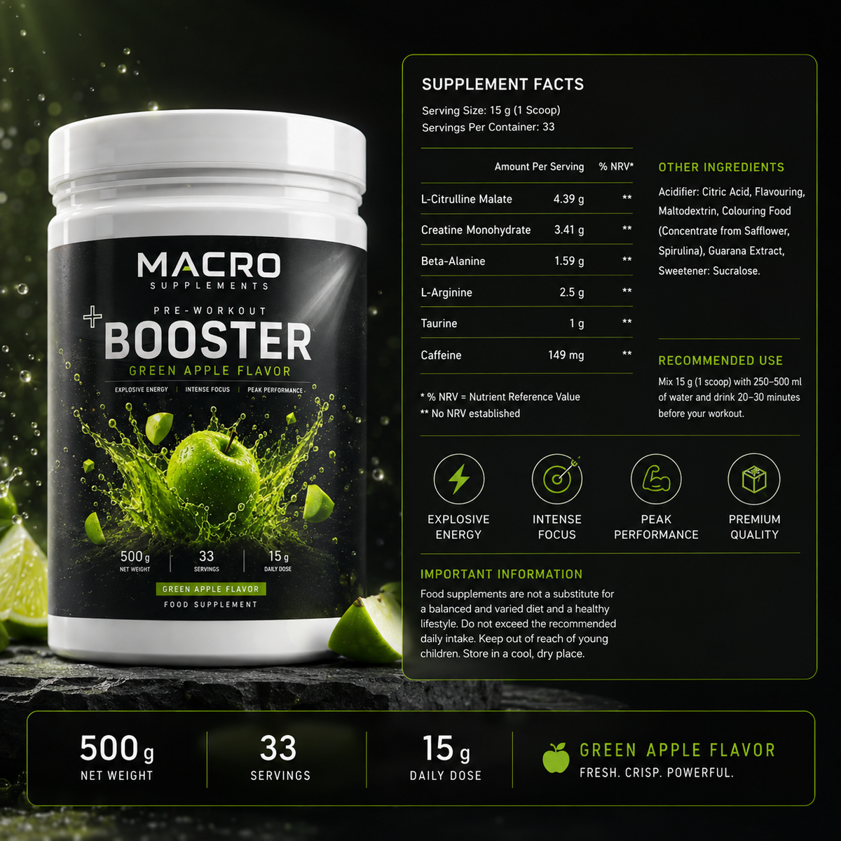 Pre-Workout Booster Green Apple - 500g